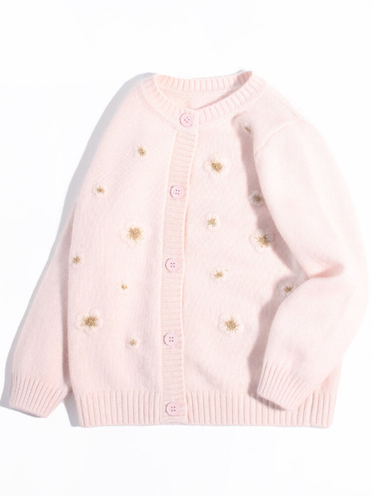 Girls Light Pink Embroidered Flower Cashmere Cardigan